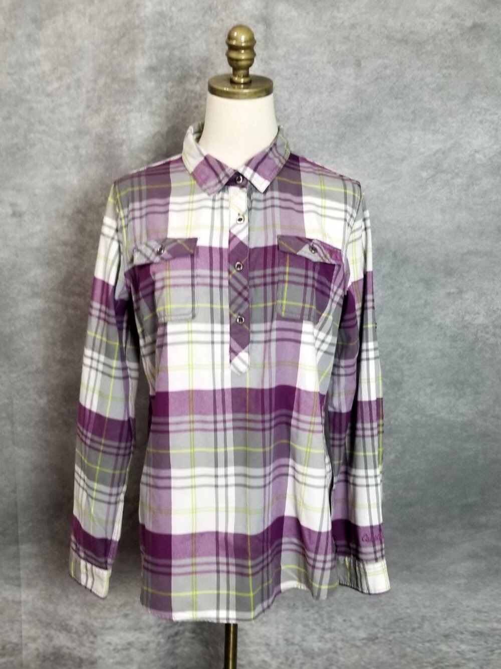Cabelas Womens Popover Shirt Size L Purple Gray Plaid 1/4 Button Roll Tab Sleeve